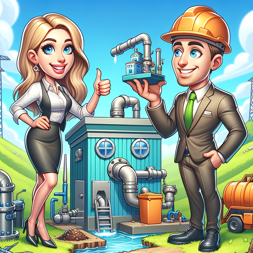 DALL·E 2024-03-16 11.06.15 - Create a dynamic, cartoon-style image of a male engineer and a female business owner who are also a couple, working together in the home sewage treatm